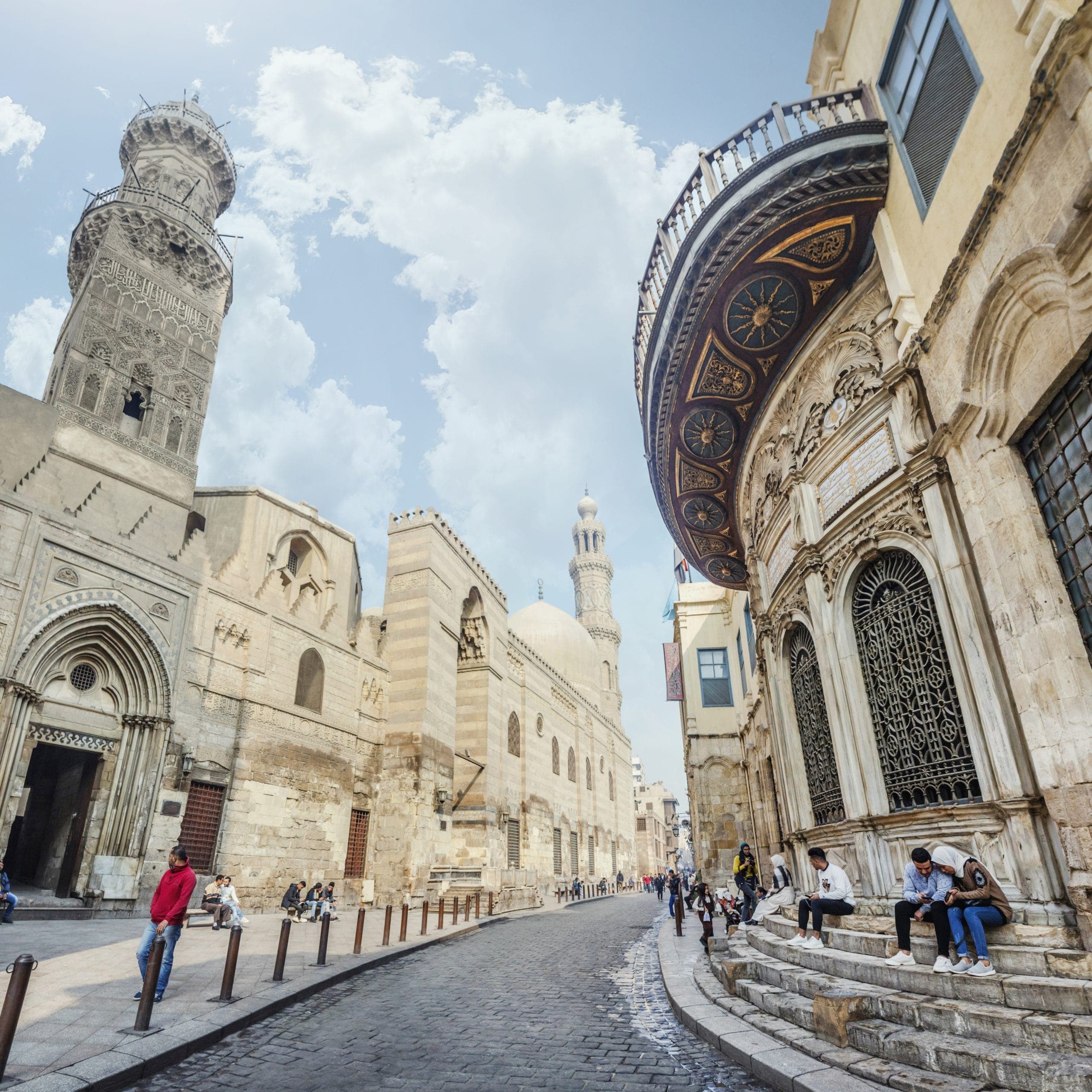 CAIRO, EGYPT, January 24, 2018: The minaret of Qalawun complex rises over Al-Muizz street.